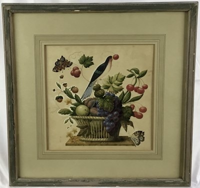 Lot 1 - 19th century watercolour still life of basket of fruit, bird and insects on a plinth