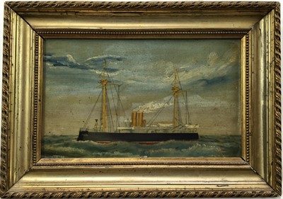 Lot 8 - Small oil on panel depiction of a ship and 19th century pen and ink marine scene