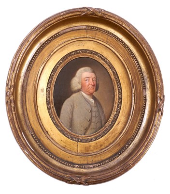 Lot 1281 - 18th century oil on canvas laid on panel miniature portrait of a gentleman with grey coat and wig, unsigned, in period gilt frame