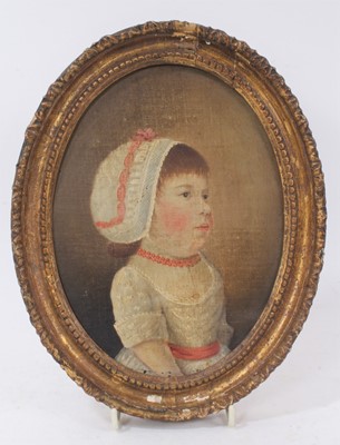 Lot 1282 - Early 19th century oil on canvas naive school portrait of a child