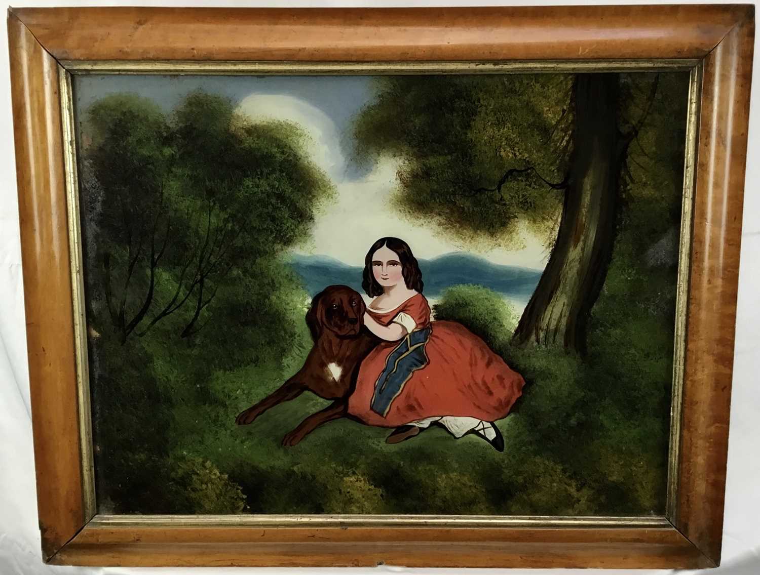 Lot 9 - 19th century reverse painting on glass depicting a girl and dog, also 19th century reverse painting on glass depicting a gypsy camp