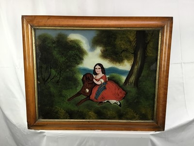 Lot 9 - 19th century reverse painting on glass depicting a girl and dog, also 19th century reverse painting on glass depicting a gypsy camp