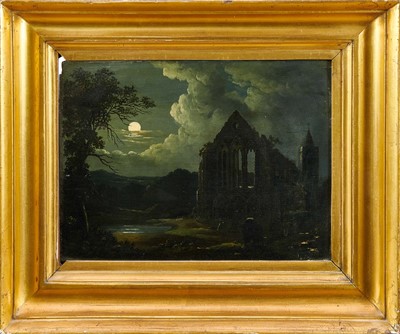 Lot 1320 - Manner of Samuel Pether, oil on panel, Abbey ruins by moonlight