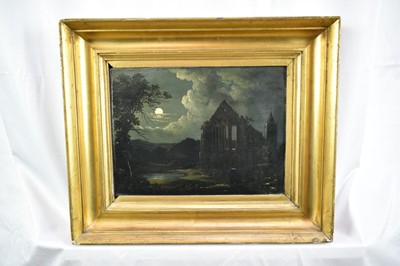 Lot 1320 - Manner of Samuel Pether, oil on panel, Abbey ruins by moonlight