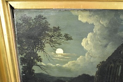Lot 1320 - Manner of Samuel Pether, oil on panel, Abbey ruins by moonlight