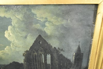 Lot 1320 - Manner of Samuel Pether, oil on panel, Abbey ruins by moonlight