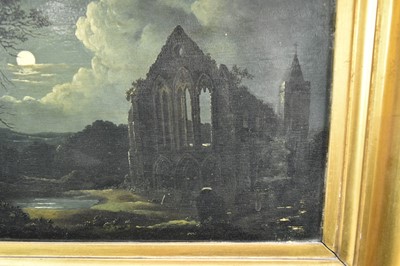 Lot 1320 - Manner of Samuel Pether, oil on panel, Abbey ruins by moonlight