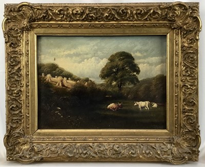 Lot 2 - 19th century naïve school oil on canvas, pastoral landscape with cows and corn stooks