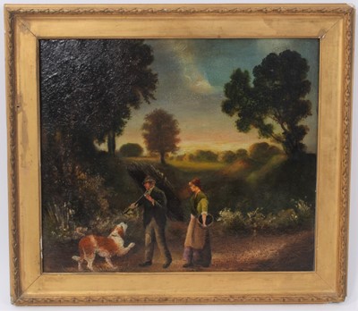 Lot 1325 - 19th century naive school, oil on panel, figures walking with a dog