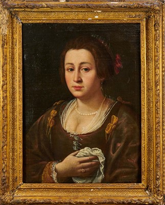 Lot 1326 - Continental School, 17th century, oil on canvas, quarter length portrait of a woman wearing pearls