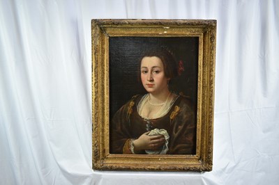 Lot 1326 - Continental School, 17th century, oil on canvas, quarter length portrait of a woman wearing pearls