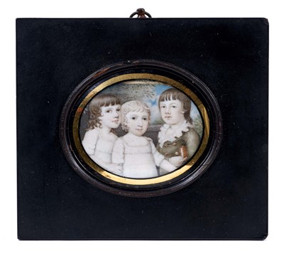 Lot 1329 - Small early 19th century portrait miniature on ivory of three members of the Moore family, inscribed verso