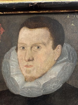 Lot 1348 - Late 16th century English School, oil on panel, portrait of a Gentleman wearing a ruff, painted 1597 aged 32