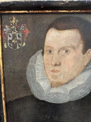 Lot 1348 - Late 16th century English School, oil on panel, portrait of a Gentleman wearing a ruff, painted 1597 aged 32