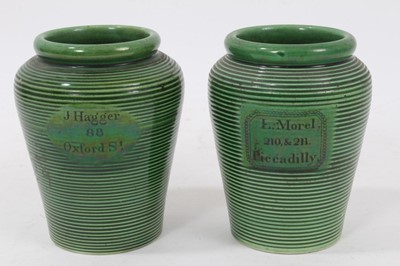 Lot 1350 - Pair of early 19th century green glazed pottery tea caddies, retailers name ‘L Morel 210 & 211 Piccadilly