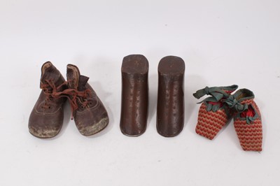 Lot 1407 - Miniature pair of wooden boots and pair two pairs of Victorian shoes