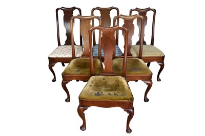 Lot 1358 - Matched set of six early 18th century walnut splat back dining chairs