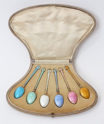 Lot 278 - Cased set of six Danish enamelled silver spoons