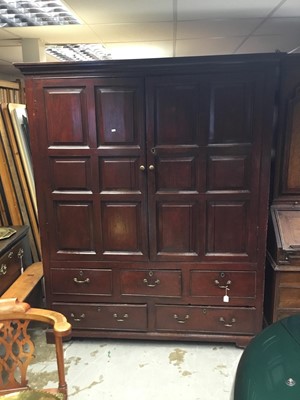 Lot 1378 - Large early 19th century Irish painted housekeepers' cupboard, panelled doors enclosing pierced frieze with heart motifs