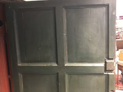 Lot 1378 - Large early 19th century Irish painted housekeepers' cupboard, panelled doors enclosing pierced frieze with heart motifs