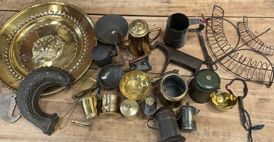 Lot 1390 - Various antique brass and copper, fish jelly mould, alms dish