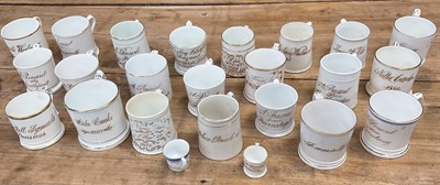 Lot 1399 - Large collection of Victorian gilt named souvenir mugs, A present from….