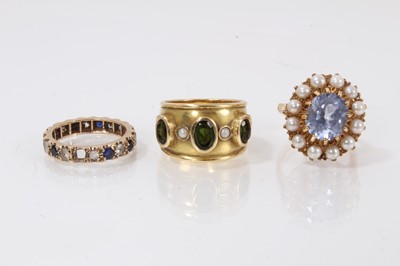 Lot 351 - Blue stone and cultured pearl cluster ring together with two 9ct gold and gem-set dress rings (3)