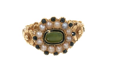 Lot 349 - Georgian gold ring with central green stone and seed pearls