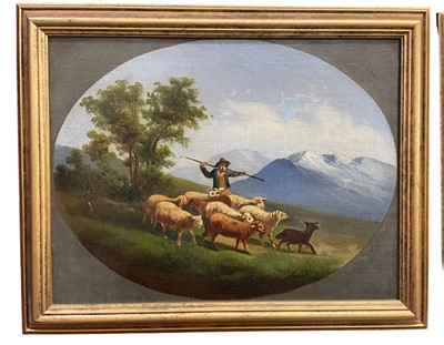 Lot 398 - Continental School, 19th century, pair of oils on canvas laid on panel - Herders and Livestock in Mountainous Landscapes, 39cm x 52.5cm, in gilt frames