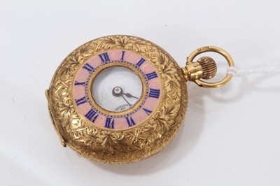 Lot 427 - Edwardian 18ct gold half hunter with pink enamel, London import marks for 1908