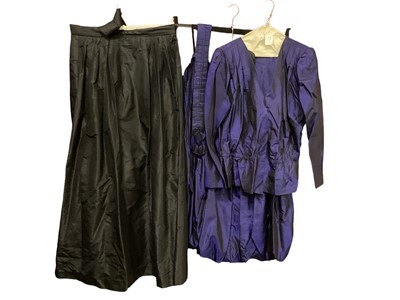 Lot 2063 - Selection of 1980's clothing including black evening gown with black velvet dots, black full length skirt with stiffened tiered petticoat and bow sash, Violy London black jacket decorated with velv...