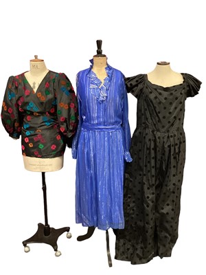 Lot 2063 - Selection of 1980's clothing including black evening gown with black velvet dots, black full length skirt with stiffened tiered petticoat and bow sash, Violy London black jacket decorated with velv...
