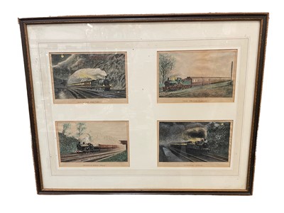 Lot 395 - Railway interest: four watercolours depicting steam trains including the Caledonian Express, Great Western Express and others, framed as one