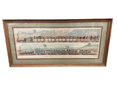 Lot 396 - 19th century hand coloured aquatint, Travelling on the Liverpool and Manchester Railway, published by Ackerman, in glazed frame