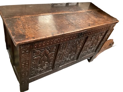 Lot 1247 - Antique oak coffer with carved panelled front, 125cm wide, 54cm deep, 75cm high