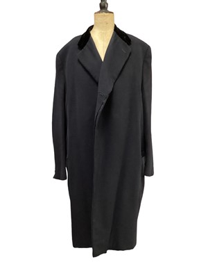 Lot 2065 - 1975 Jones & Co London navy overcoat with velvet collar, 1954 black tail coat with velvet collar and matching button fly trousers, 1989 W. Debecki Carnaby St. London suit, the trosuers have turn up...