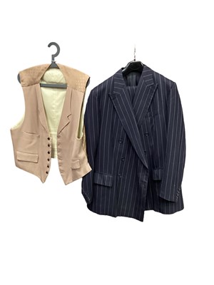 Lot 2066 - Group of gentlemen's vintage including two safari suits, 1980's navy pinstrip suit trousers have turn-ups, 1975 Jones & Co check jacket, two waist coats plus a ladies country wear jacket by Chrysalis