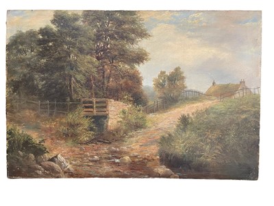 Lot 352 - Victorian English School oil on canvas, Rural Landscape, initialled GRB and dated 1877, unframed 51cm x 76cm