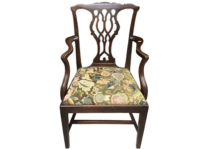 Lot 1251 - Antique mahogany elbow chair with pierced splat back and drop in tapestry seat