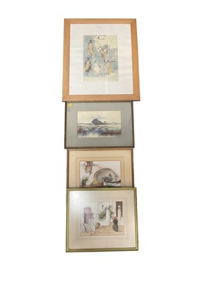 Lot 247 - August Rodin: Danseuses Cambodgiennes, print in colours, framed and glazed, a pair of watercolour studies of Mediterranean towns together with a late 19th century watercolour of a river landscape,...