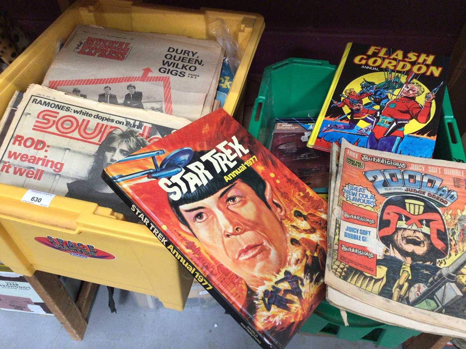 Lot 630 - Two boxes of annuals, comics, old music periodicals, etc