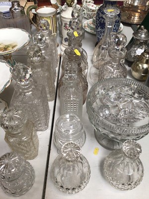 Lot 328 - Group of antique and later cut glass decanters, glass pedestal bowl and a selection of various glass stoppers