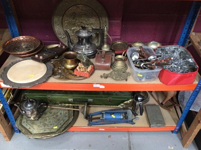 Lot 632 - Two shelves of brassware, silver plate and other items