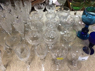 Lot 369 - Group of antique and later glassware including a set of eight Bohmian blue hock glasses, eight champagne coupes, pair of twisted stem wine glasses etc