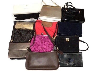 Lot 370 - Group of vintage handbags including a Coach brown leather bag, Charles Jourdan bronze colour leather evening bag, Gucci dust bag and various pairs of gloves