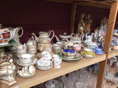 Lot 641 - Large quantity of 18th/19th century ceramics, including two Derby teapots, Coalport teapot, Ridgway teapot, Coalport scent bottle, Royal Dux figures, Dresden group, Worcester, etc (2 shelves)