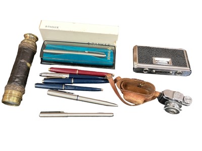 Lot 115 - Parker and other pens, small brass telescope, Mycro camera etc