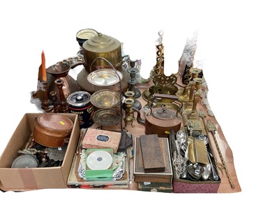 Lot 400 - Collection of mixed metal ware to include brass barley twist candlesticks, copper kettle, cutlery and sundry items (qty)