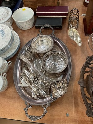 Lot 404 - Silver plated two handled tray of oval form, together with cutlery and other plated wares.