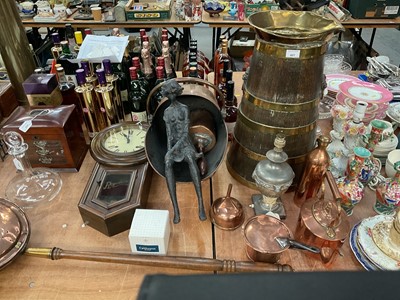 Lot 407 - Brass mounted oak stick stand in the form of a milk churn, copper warming pan, copper kettle and sundry items.